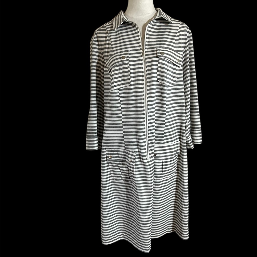 Sharagano Grey and White Striped 3/4” Sleeve Shirt Dress